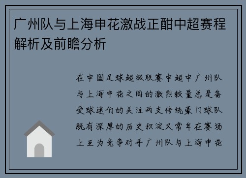 广州队与上海申花激战正酣中超赛程解析及前瞻分析